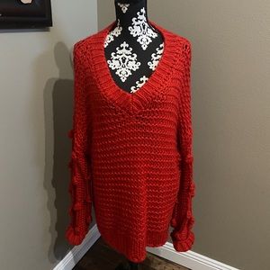 🔥3 for $10🔥 Pink Lily Red Pom Sleeve V Neck Sweater Size Large